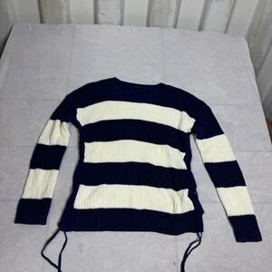 Talbots Womens Sweater Blue White Striped Knitted Long Sleeve Side Tie Size MP